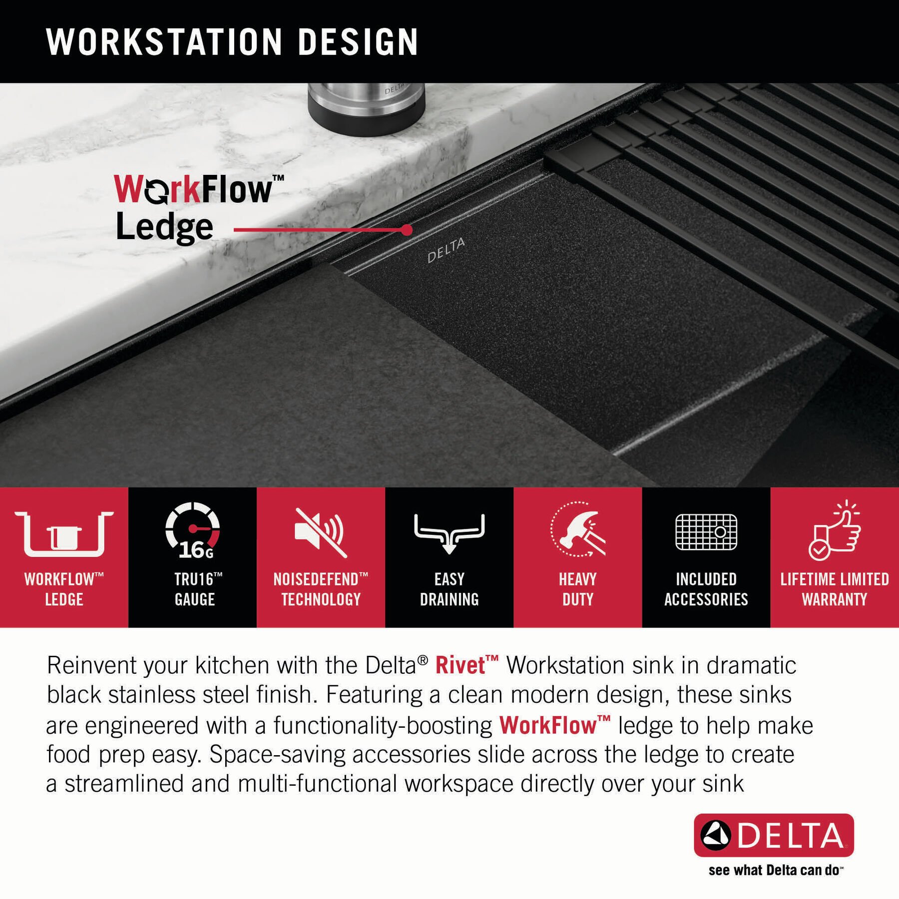 27&rdquo; Undermount 16 Gauge Workstation Kitchen Sink Single Bowl with WorkFlow&trade; Ledge and Accessories